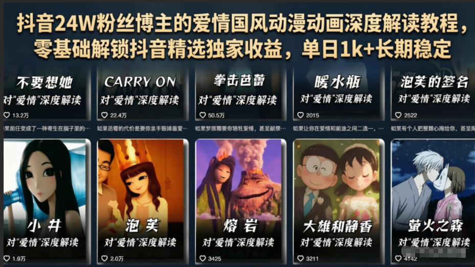 抖音24W粉丝博主的爱情国风动漫动画深度解读教程，零基础解锁抖音精选独家收益，单日1k+长期稳定-创业资源网