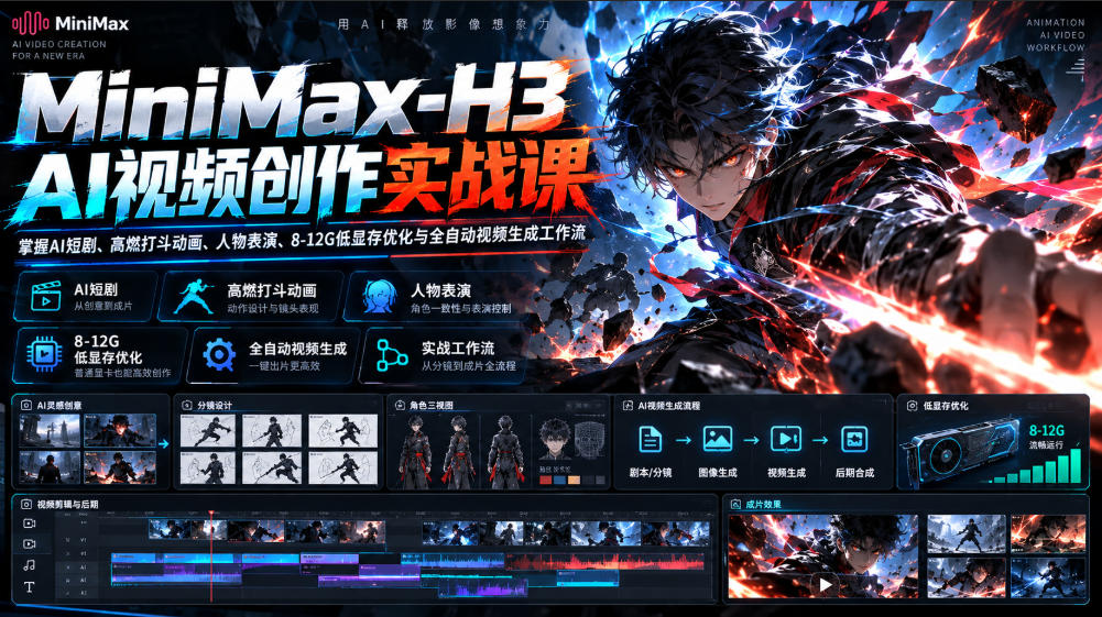MiniMax-H3 AI视频创作实战课，掌握AI短剧、高燃打斗动画、人物表演、8-12G低显存优化与全自动视频生成工作流-创业资源网