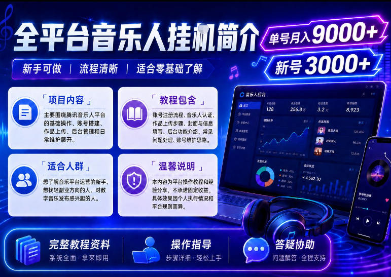 全平台音乐类挂G，单机单号月入9000+，可矩阵，可工作室放大操作【揭秘】-创业资源网