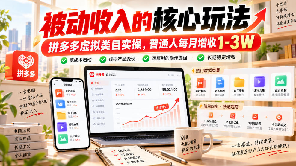 被动收入的核心玩法,拼多多虚拟类目实操,普通人每月增收1-3W【揭秘】-创业资源网
