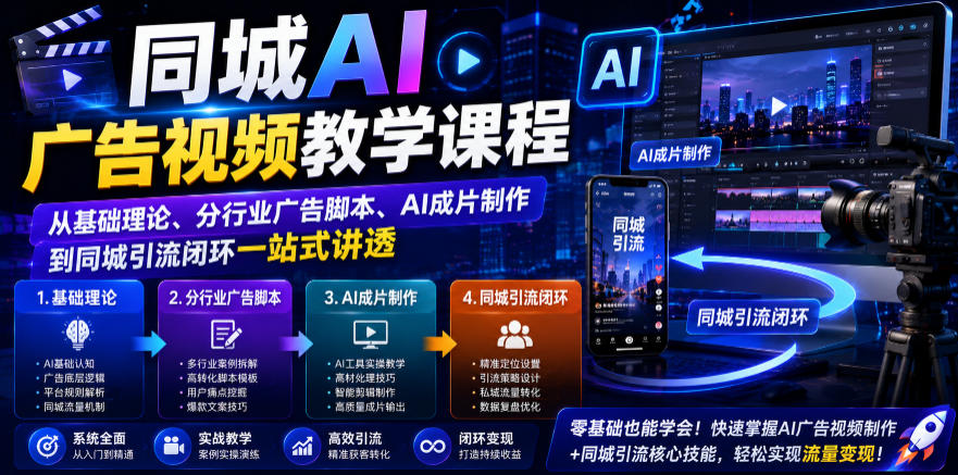 同城AI广告视频教学课程，从基础理论、分行业广告脚本、AI成片制作到同城引流闭环一站式讲透-创业资源网