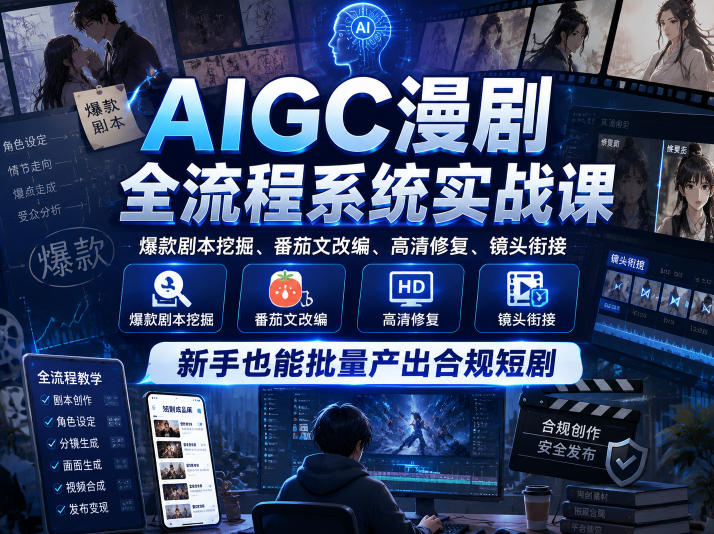 AIGC漫剧全流程系统实战课，爆款剧本挖掘、番茄文改编、高清修复、镜头衔接，新手也能批量产出合规短剧-创业资源网