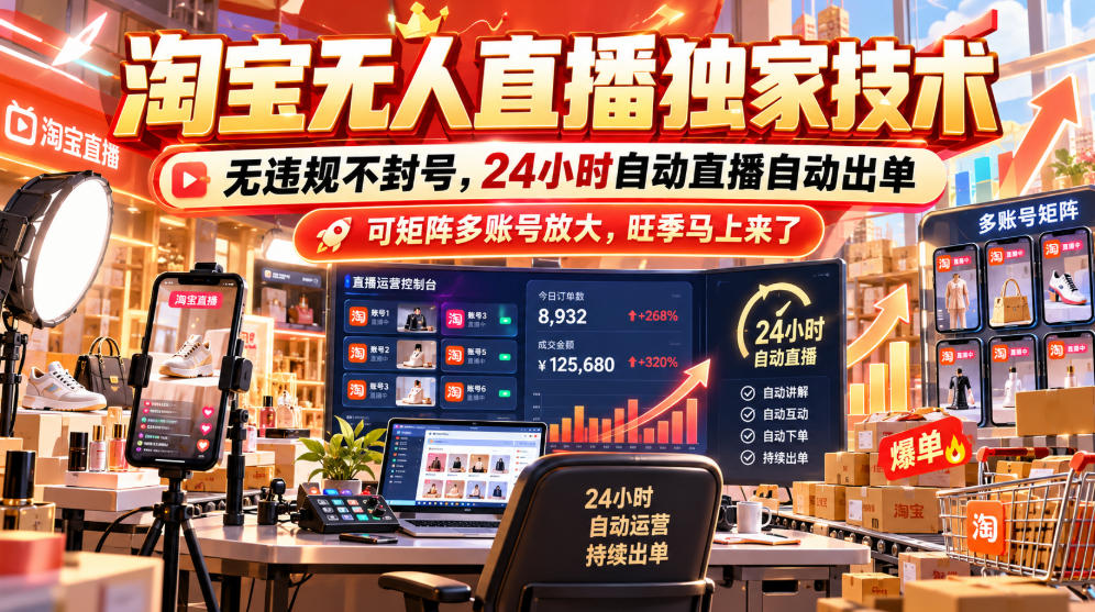淘宝无人直播独家技术，无违规不封号，24小时自动直播自动出单，可矩阵多账号放大，旺季马上来了【揭秘】-创业资源网