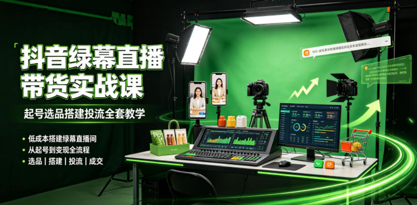 某社群抖音绿幕直播带货实战课，起号选品搭建投流全套教学，低成本搭建绿幕直播间-创业资源网