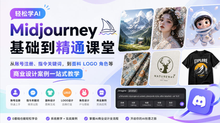 轻松学AI Midjourney基础到精通课堂，从账号注册、指令关键词，到面料LOGO角色等商业设计案例一站式教学-创业资源网