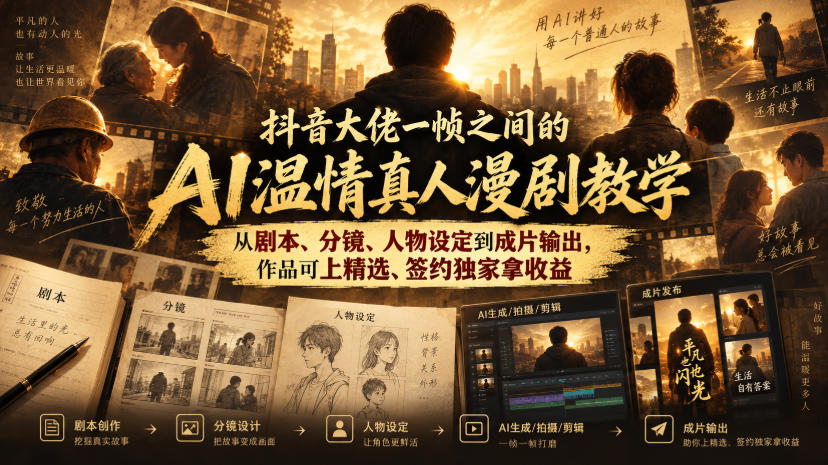 抖音大佬一帧之间的AI温情真人漫剧教学,从剧本、分镜、人物设定到成片输出,作品可上精选、签约独家拿收益-创业资源网