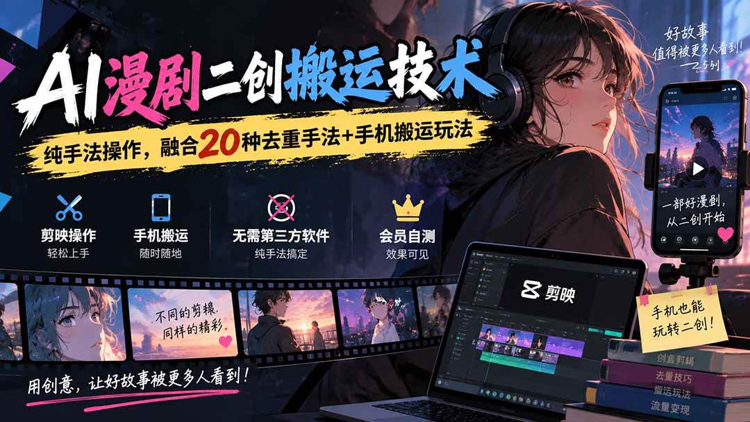 (20551期)AI漫剧二创搬运技术,纯手法操作,融合20种去重手法++手机搬运玩法-创业资源网