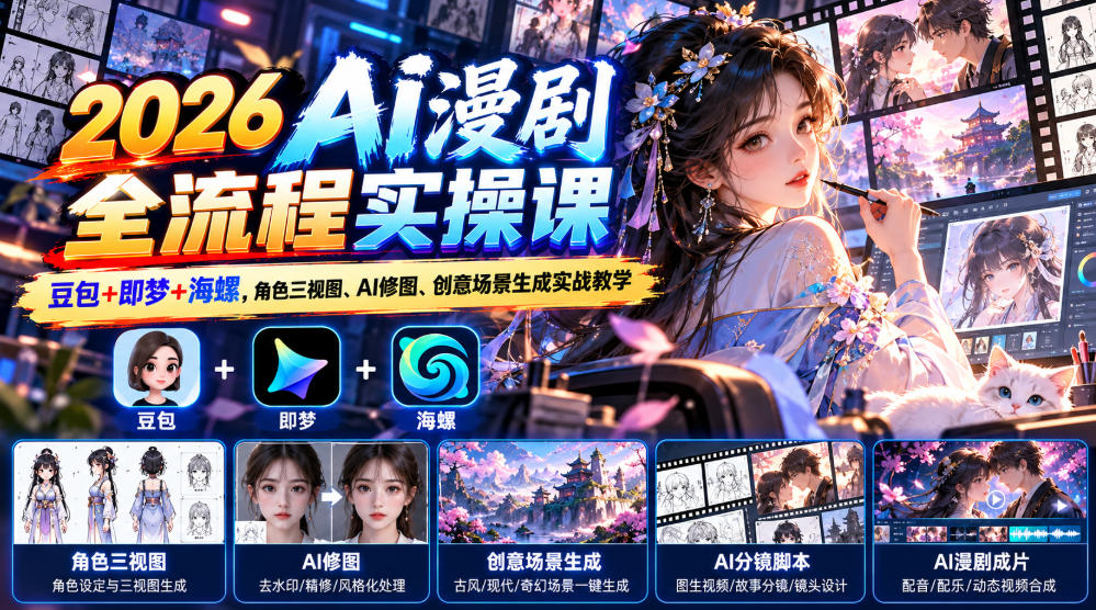 【无水印】2026 AI漫剧全流程实操课｜豆包+即梦+海螺，角色三视图、AI修图、创意场景生成实战教学-创业资源网