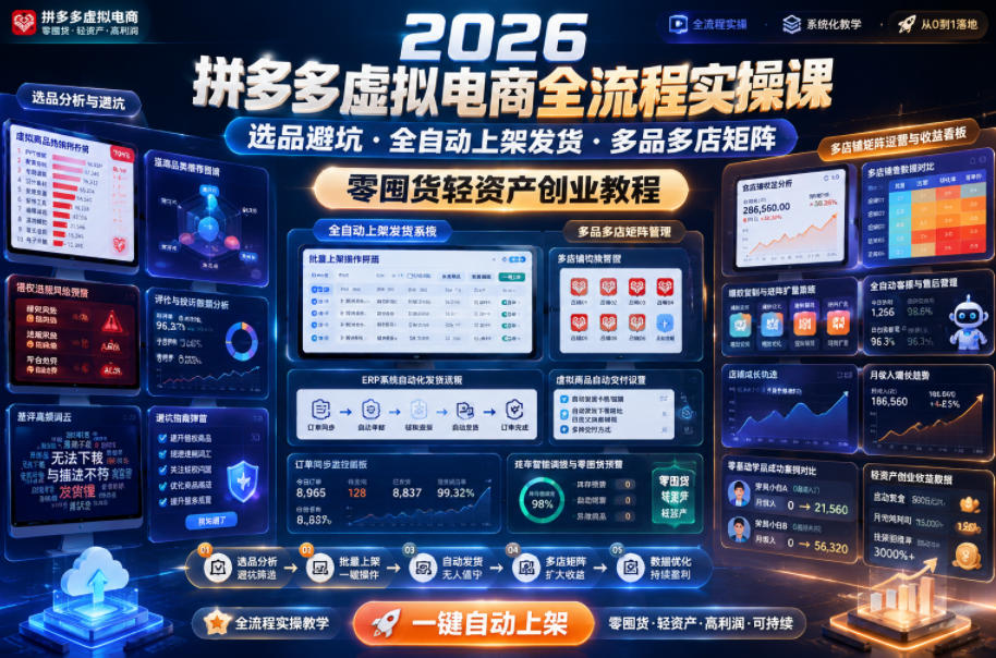2026拼多多虚拟电商全流程实操课，选品避坑・全自动上架发货・多品多店矩阵，零囤货轻资产创业教程-创业资源网