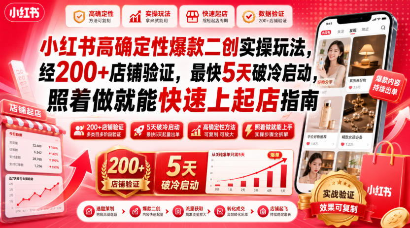 小红书高确定性爆款二创实操玩法，经200+店铺验证，最快5天破冷启动，照着做就能快速上起店指南-创业资源网
