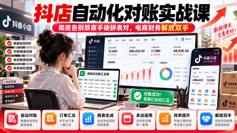 抖店自动化对账实战课，彻底告别熬夜手动拼表对，账电商财务解放双手-创业资源网