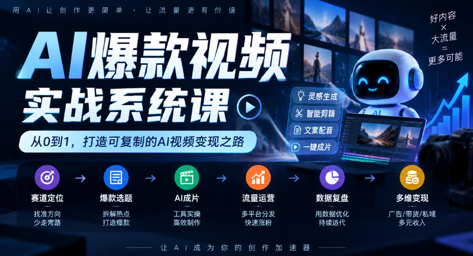 AI爆款视频实战系统课｜赛道定位、爆款选题、AI成片、流量运营、数据复盘、多维变现全链路教学-创业资源网