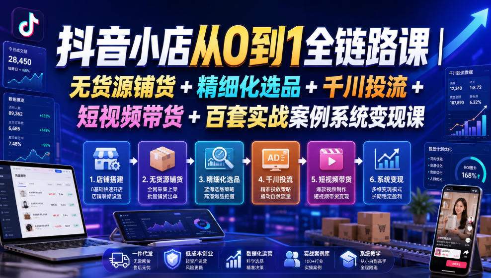 抖音小店从0到1全链路课｜无货源铺货+精细化选品+千川投流+短视频带货+百套实战案例系统变现课（2026年7月更新）-创业资源网