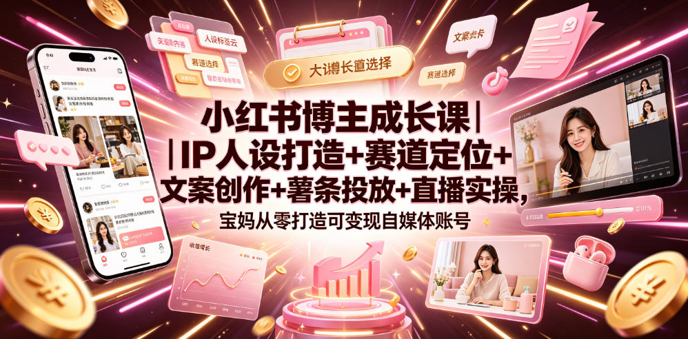 小红书博主成长课｜IP人设打造+赛道定位+文案创作+薯条投放+直播实操，宝妈从零打造可变现自媒体账号-创业资源网