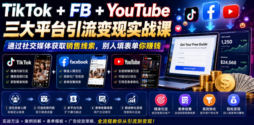 TikTok+FB+YouTube三大平台引流变现实战课，通过社交媒体获取销售线索，别人填表单你賺钱【原创双语字幕】-创业资源网
