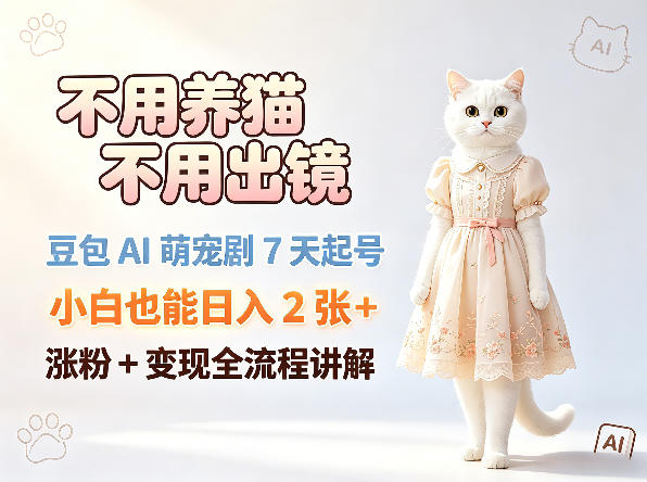 不用养猫不用出镜，豆包AI萌宠剧7天起号，小白也能日入2张+，涨粉+变现全流程讲解-创业资源网
