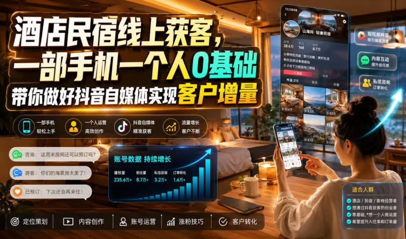 酒店民宿线上获客,一部手机一个人0基础带你做好抖音自媒体实现客户增量-创业资源网