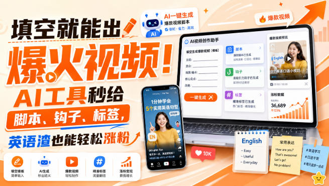 填空就能出爆火视频！AI工具秒给脚本、钩子、标签，英语渣也能轻松涨粉【原创双语字幕】-创业资源网