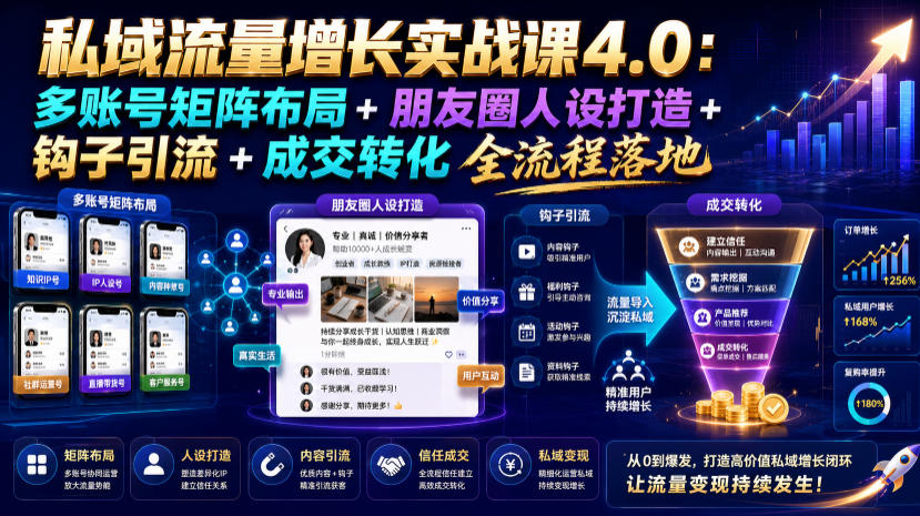 私域流量增长实战课4.0：多账号矩阵布局+朋友圈人设打造+钩子引流+成交转化全流程落地-创业资源网