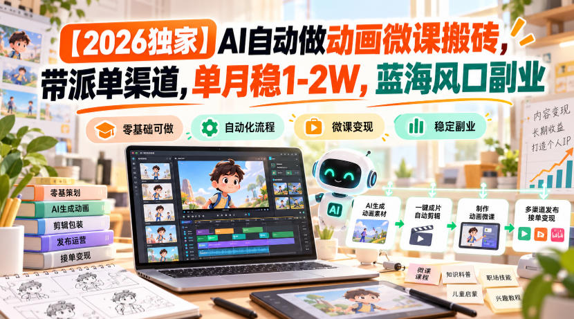【2026独家】AI自动做动画微课搬砖，带派单渠道，单月稳1-2W，蓝海风口副业【揭秘】-创业资源网