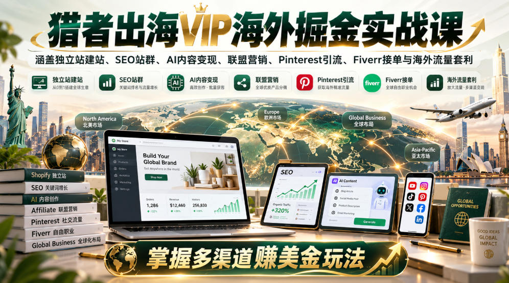 猎者出海VIP海外掘金实战课：涵盖独立站、SEO站群、AI变现、联盟营销、Pinterest引流、Fiverr接单与海外流量套利，掌握多渠道賺美金玩法-创业资源网