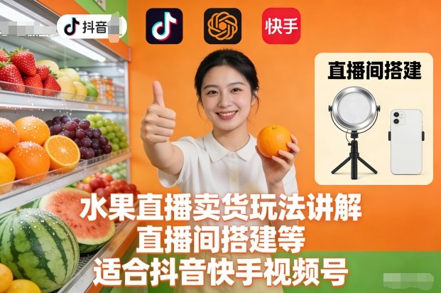 水果直播卖货玩法讲解、直播间搭建等，适合抖音快手视频号-创业资源网