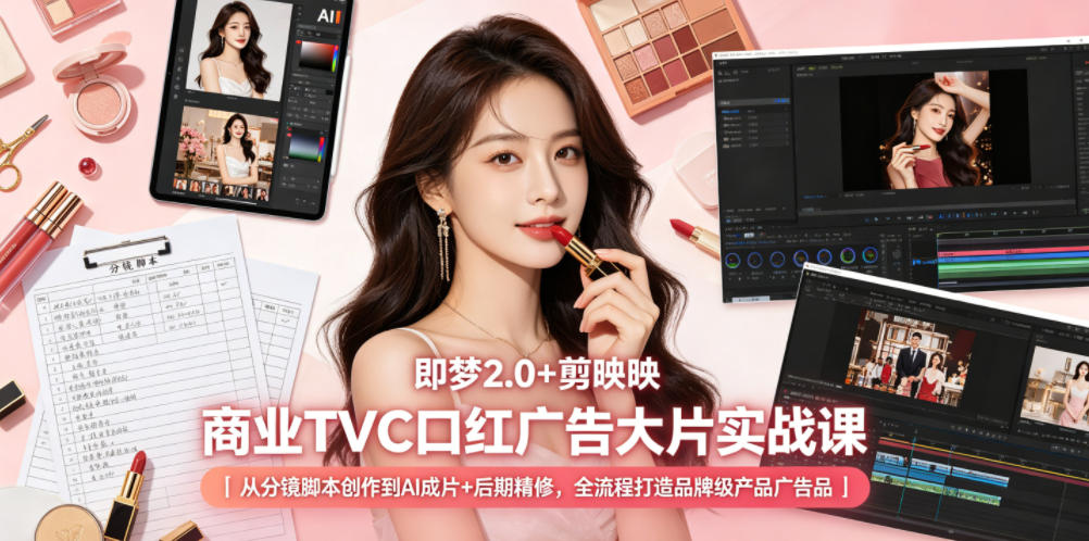 即梦2.0+剪映商业TVC口红广告大片实战课｜从分镜脚本创作到AI成片+后期精修，全流程打造品牌级产品广告-创业资源网
