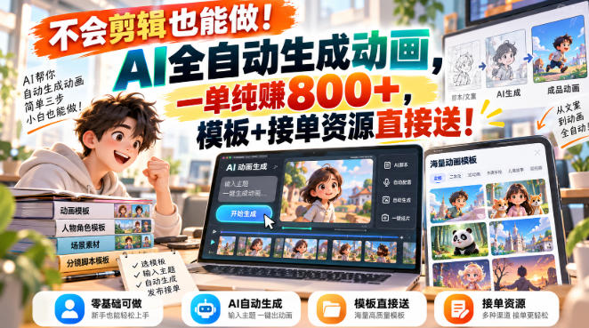 不会剪辑也能做!AI全自动生成动画,一单纯賺800+,模板+接单资源直接送!【揭秘】-创业资源网