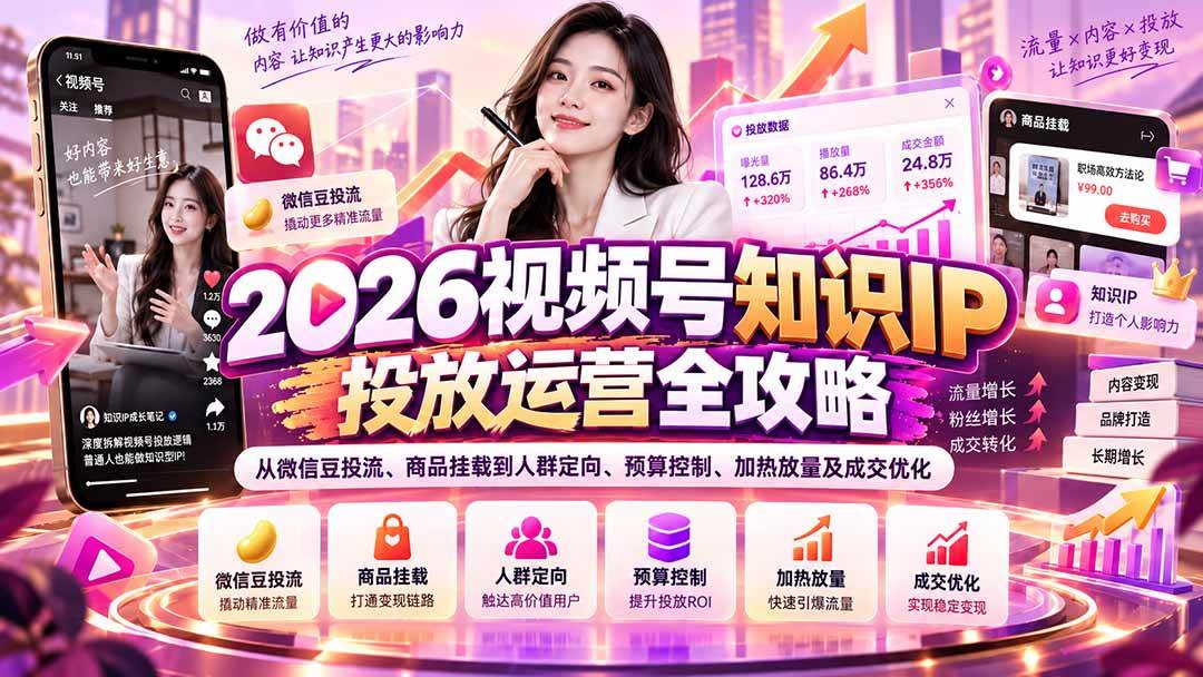 （20860期）2026视频号知识IP投放运营全攻略：从微信豆投流、商品挂载到人群定向、预算控制、加热放量及成交优化-创业资源网