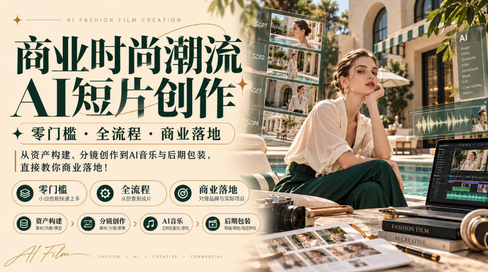 商业时尚潮流AI短片创作｜零门槛・全流程・商业落地，从资产构建、分镜创作到AI音乐与后期包装，直接教你商业落地！-创业资源网