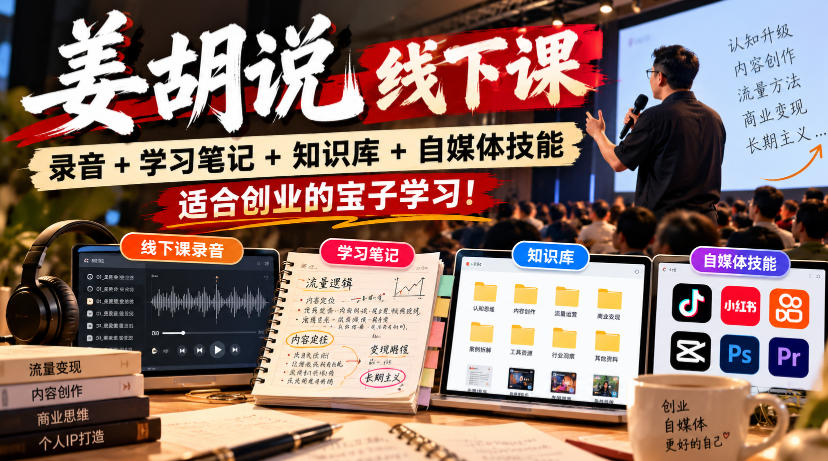姜胡说线下课录音＋学习笔记＋知识库＋自媒体技能，适合创业的宝子学习！-创业资源网
