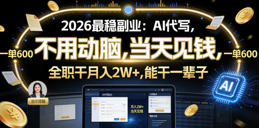 2026最稳副业：AI代写，不用动脑，当天见钱，一单600，全职干月入2W+，能干一辈子【揭秘】-创业资源网