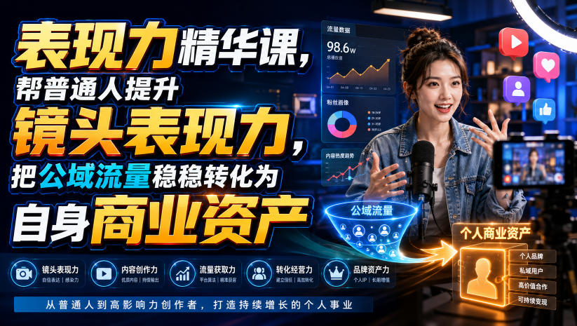 表现力精华课，帮普通人提升镜头表现力，把公域流量稳稳转化为自身商业资产-创业资源网