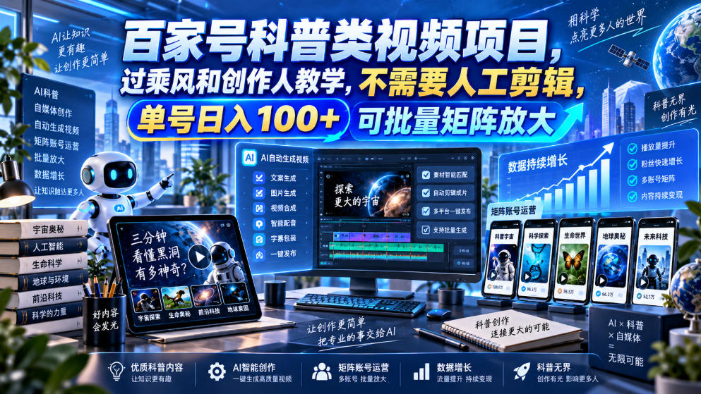 百家号科普类视频项目，过乘风和创作人教学，不需要人工剪辑，单号日入100+可批量矩阵放大-创业资源网