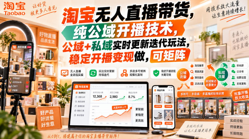 淘宝无人直播带货，纯公域开播技术，公域+私域实时更新迭代玩法，稳定开播变现做，可矩阵【揭秘】-创业资源网