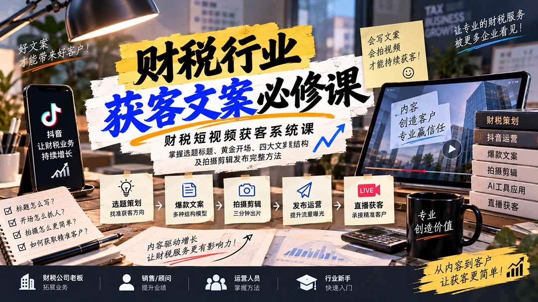 (20591期)财税短视频获客系统课:掌握选题标题、黄金开场、四大文案结构及拍摄剪辑发布完整方法-创业资源网