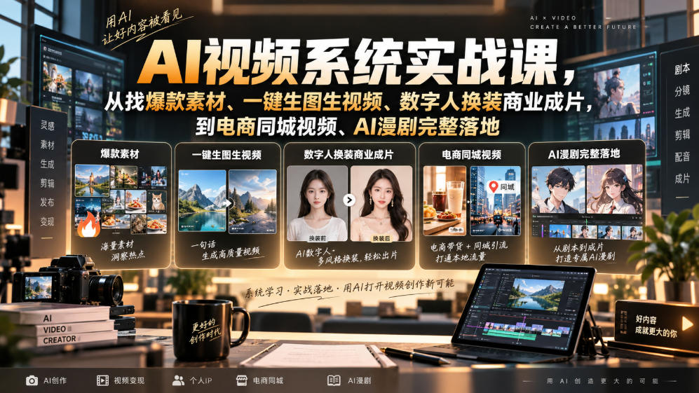 AI视频系统实战课，从找爆款素材、一键生图生视频、数字人换装商业成片，到电商同城视频、AI漫剧完整落地-创业资源网