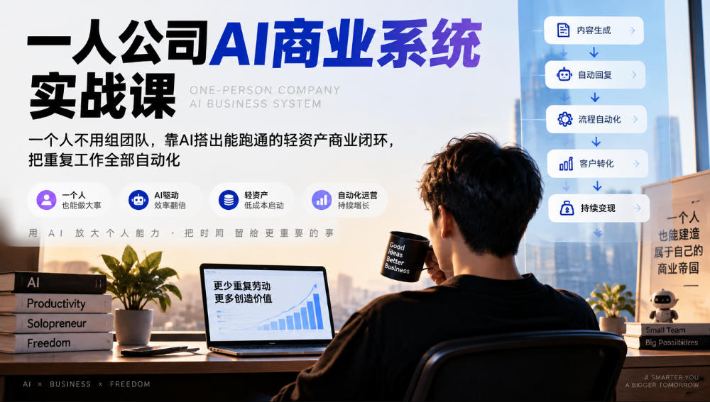 一人公司AI商业系统实战课，一个人不用组团队，靠AI搭出能跑通的轻资产商业闭环，把重复工作全部自动化-创业资源网