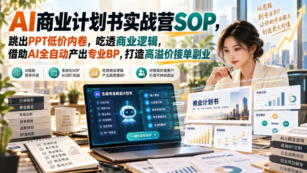 AI商业计划书实战营SOP，跳出PPT低价内卷，吃透商业逻辑，借助AI全自动产出专业BP，打造高溢价接单副业-创业资源网