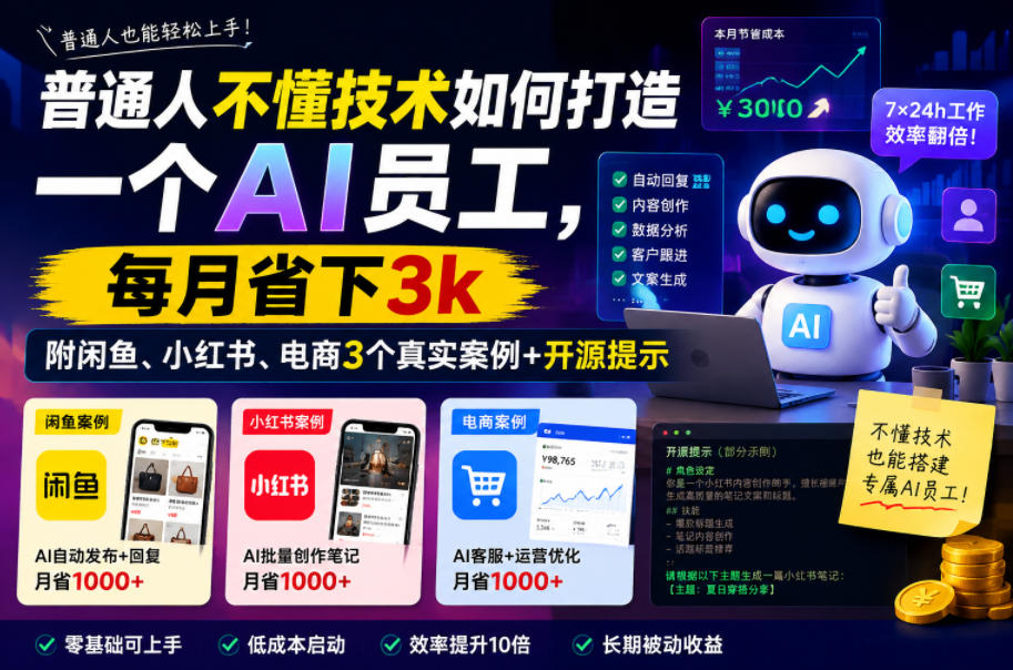 普通人不懂技术如何打造一个AI员工，每月省下3k，附闲鱼、小红书、电商3个真实案例+开源提示【文档】-创业资源网