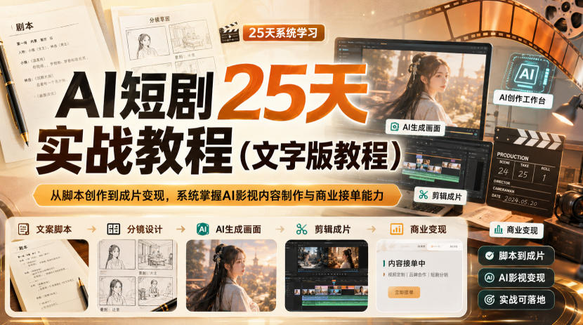 AI短剧25天实战教程(文字版教程),从脚本创作到成片变现,系统掌握AI影视内容制作与商业接单能力-创业资源网