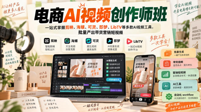 电商AI视频创作师班，一站式掌握剪映、海螺、可灵、即梦、LibTV等多款AI视频工具，批量产出带货营销短视频-创业资源网