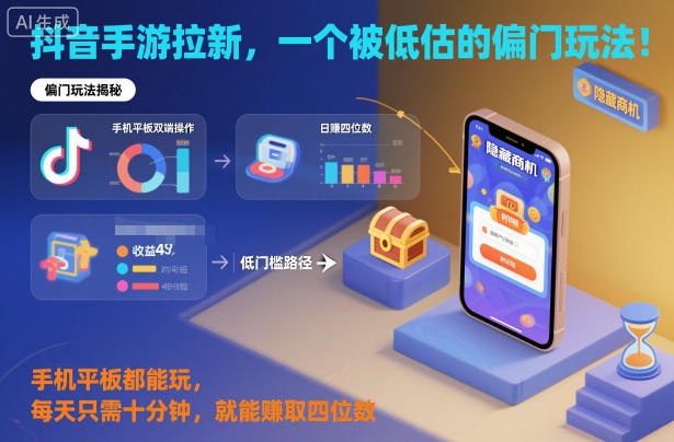 抖音手游拉新，一个被低估的偏门玩法！手机平板都能玩，每天只需十分钟，就能賺取四位数【揭秘】-创业资源网