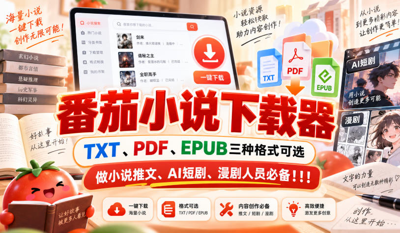 番茄小说下载器，TXT、PDF、EPUB三种格式可选，做小说推文、AI短剧、漫剧人员必备！！！-创业资源网