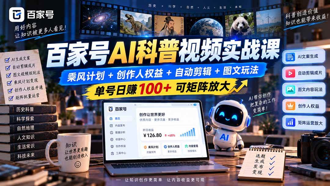 （20579期）百家号AI科普视频实战课：乘风计划+创作人权益+自动剪辑+图文玩法，单号日赚100+可矩阵放大-创业资源网