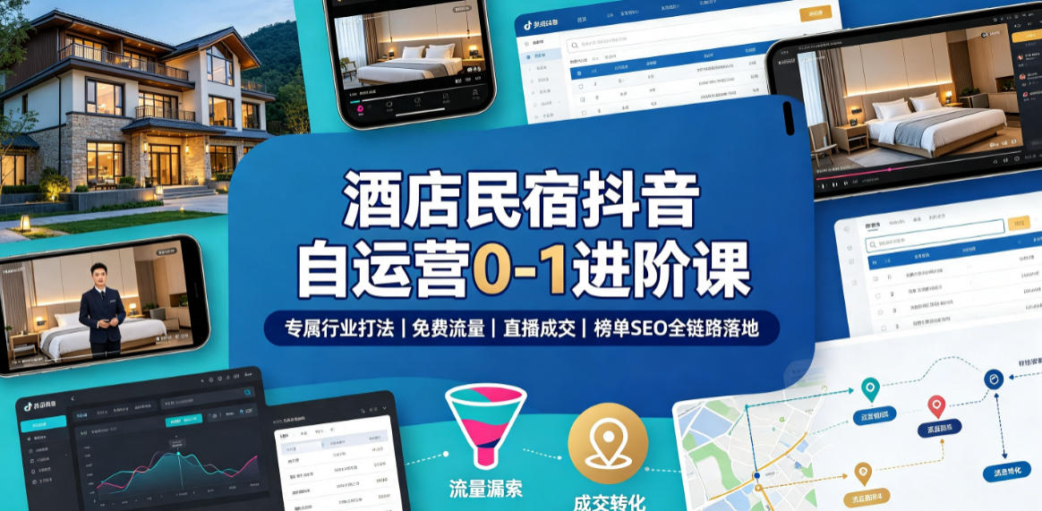 酒店民宿抖音自运营0-1进阶课｜专属行业打法、免费流量+直播成交+榜单SEO全链路落地-创业资源网