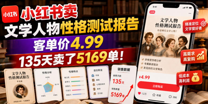 小红书卖文学人物性格测试报告，客单价4.99，135天卖了5169单！-创业资源网