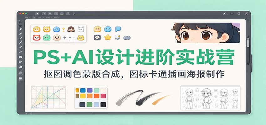 PS+AI设计进阶实战营：抠图调色蒙版合成，图标卡通插画海报制作-创业资源网