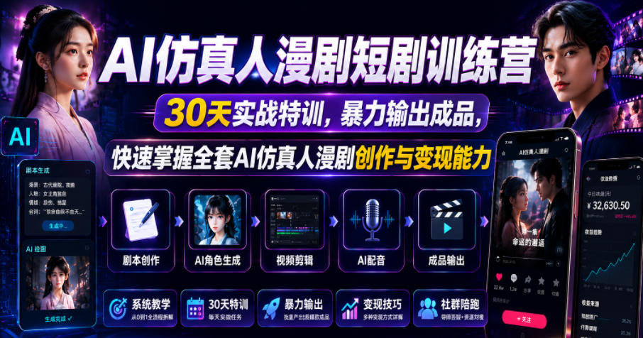 AI仿真人漫剧短剧训练营，30天实战特训，暴力输出成品，快速掌握全套AI仿真人漫剧创作与变现能力-创业资源网