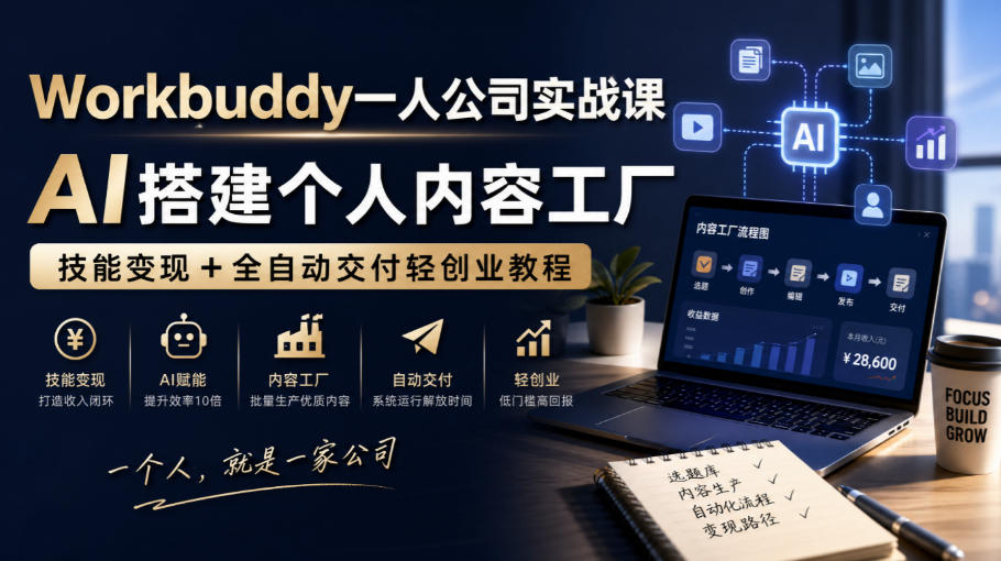 Workbuddy一人公司实战课，AI搭建个人内容工厂，技能变现+全自动交付轻创业教程-创业资源网
